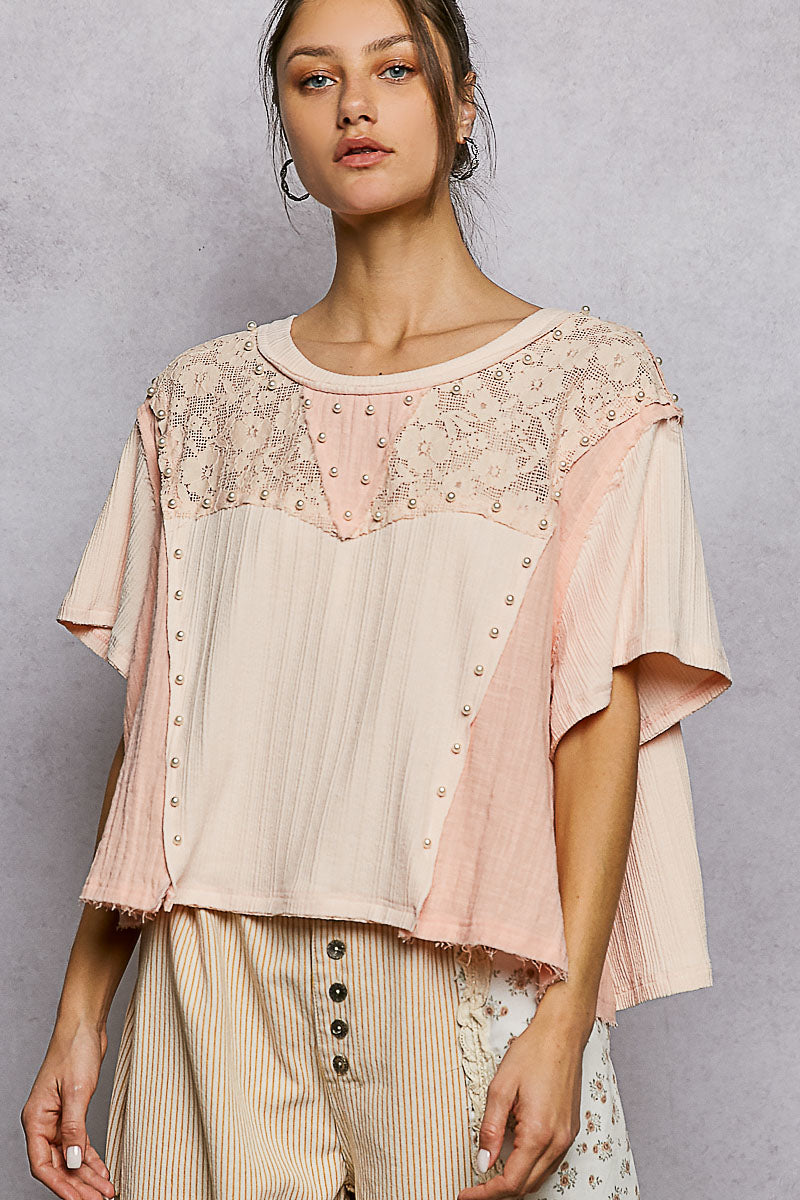 Evelyn Peach Pink top with Pearls