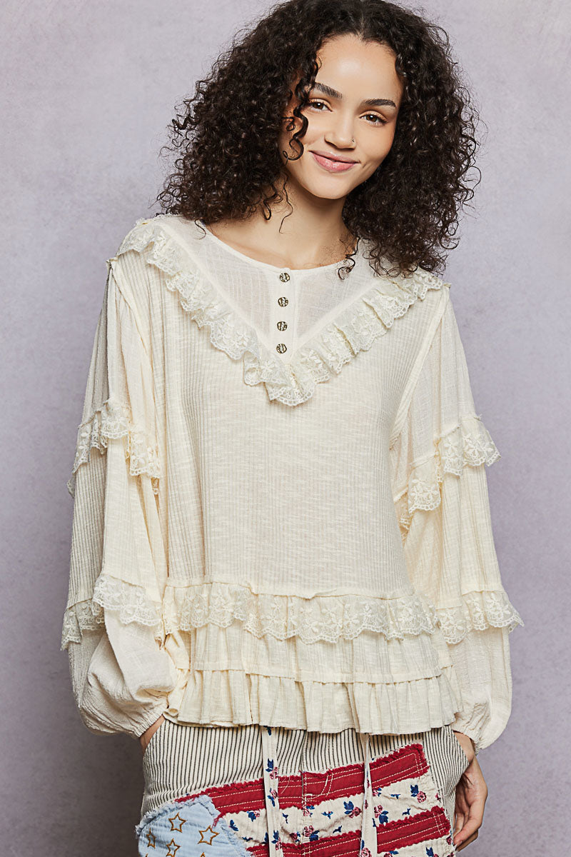 Quinn Cream Ribbed Ruffle Top-PREORDER!! Delivery approx 2 weeks!
