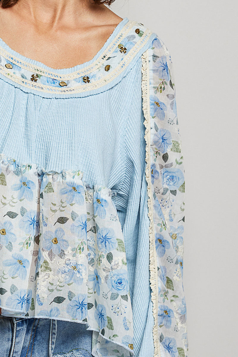 Gabrielle Blue Floral Top with Embellishments