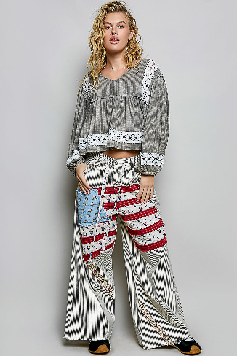 Fiorella Gray Ribbed Crochet Detail Top
