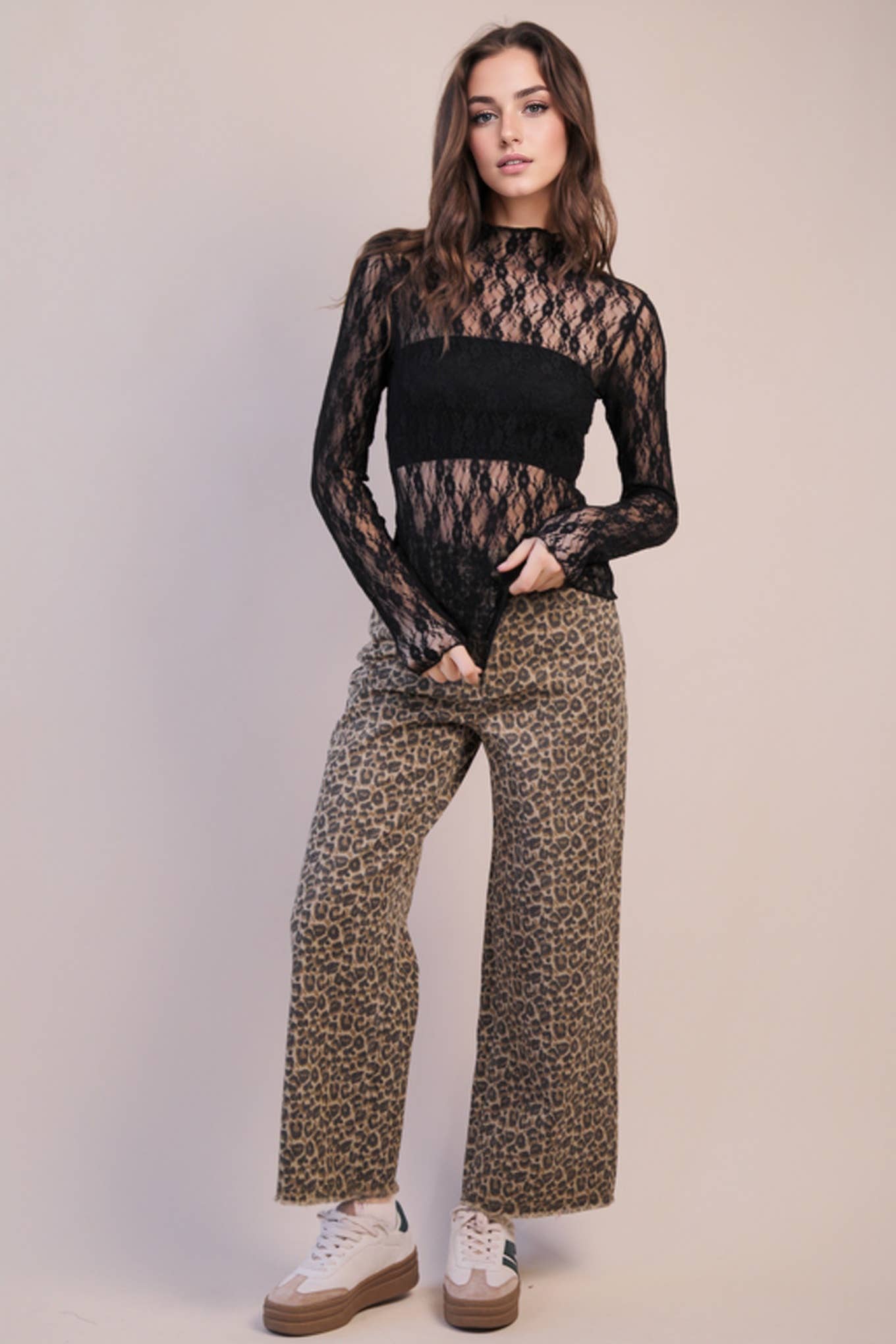 NT12220-High Neck Fitted Sheer Mesh Lace Knit Top