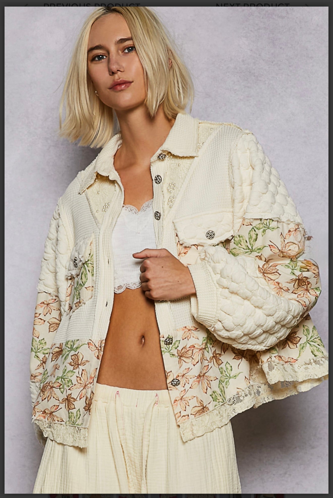 POL Top with embroidery and waffle knit texture- Powder Cream