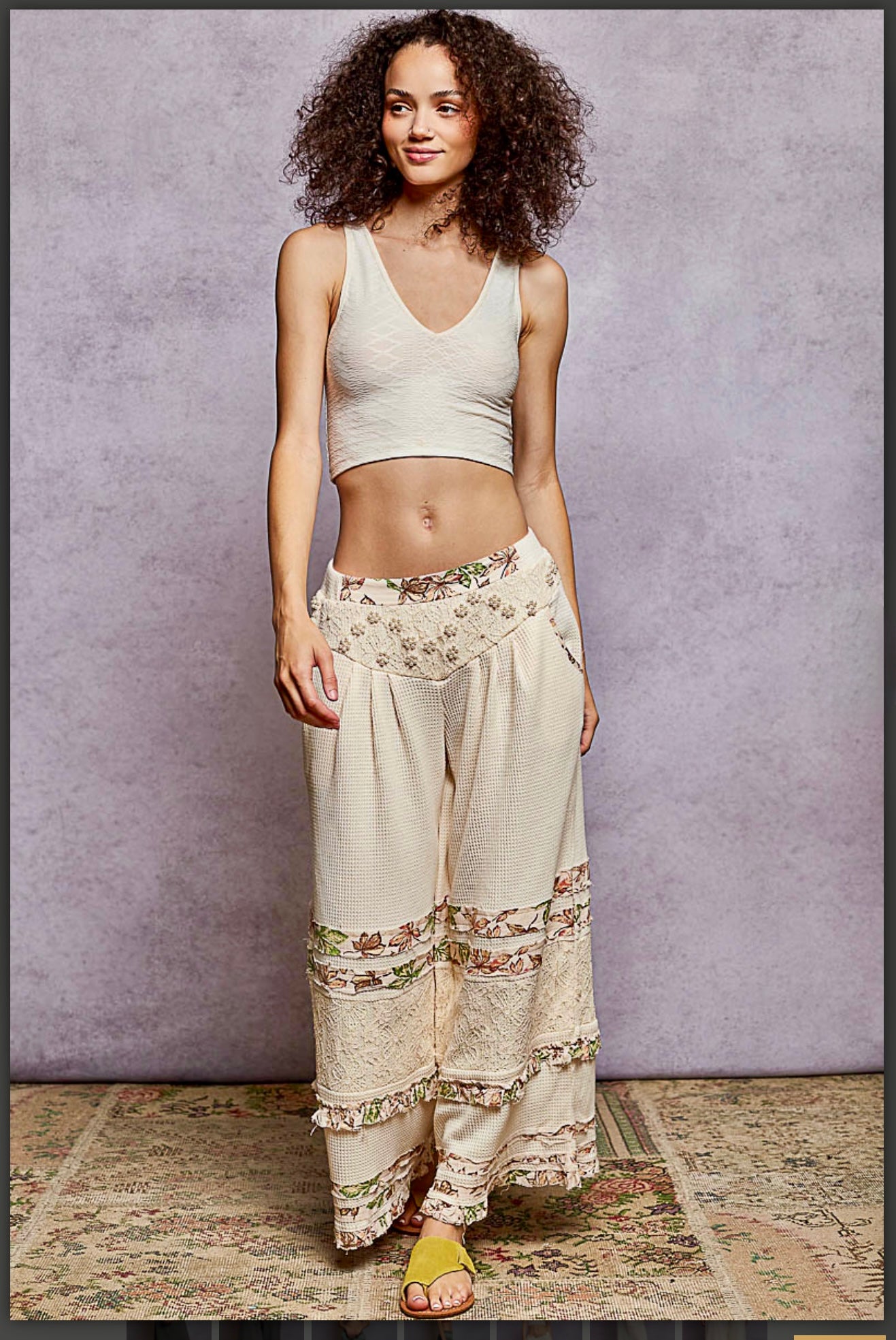 POL embroidery and waffle knit material pants- Powder Cream