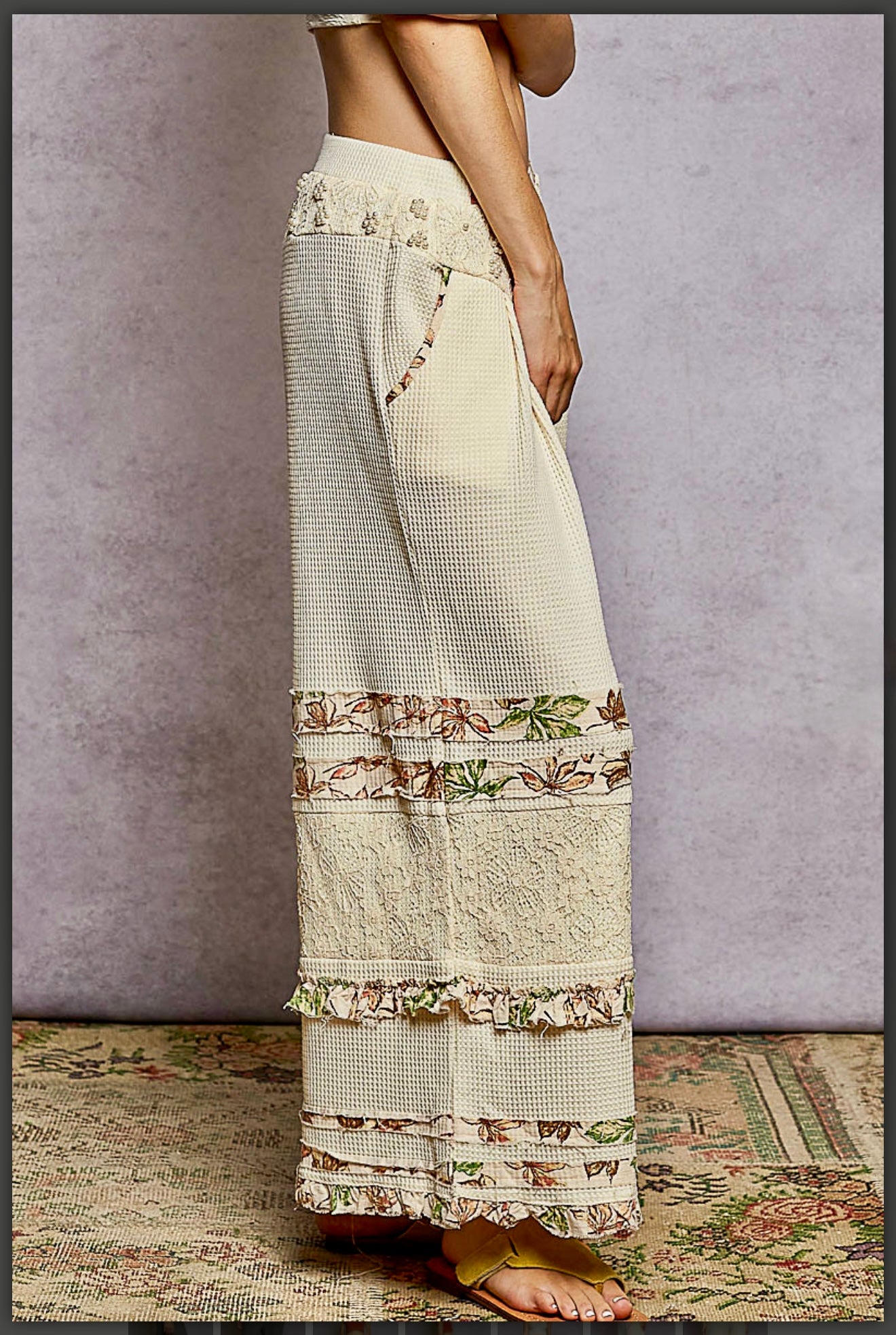 POL embroidery and waffle knit material pants- Powder Cream