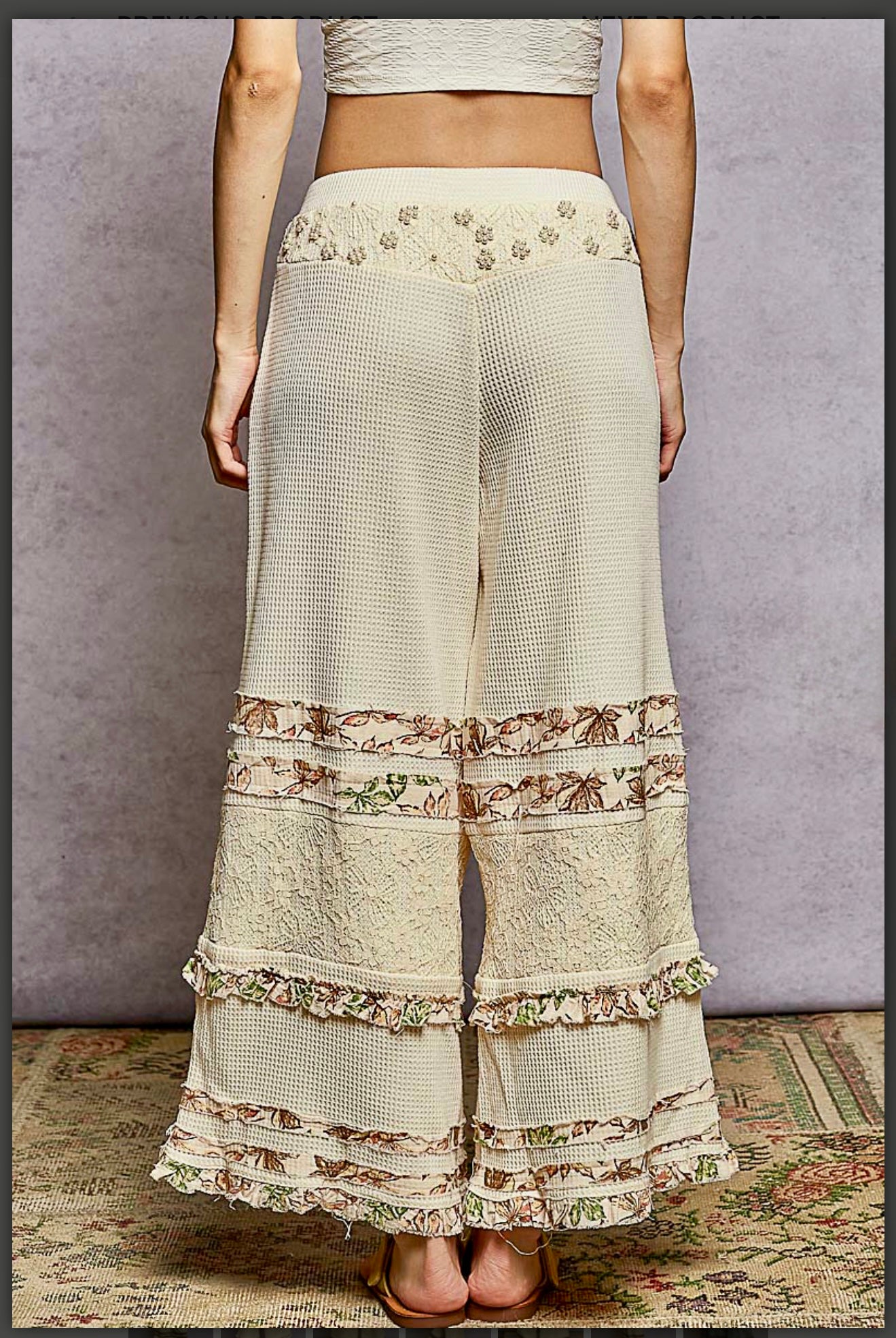 POL embroidery and waffle knit material pants- Powder Cream