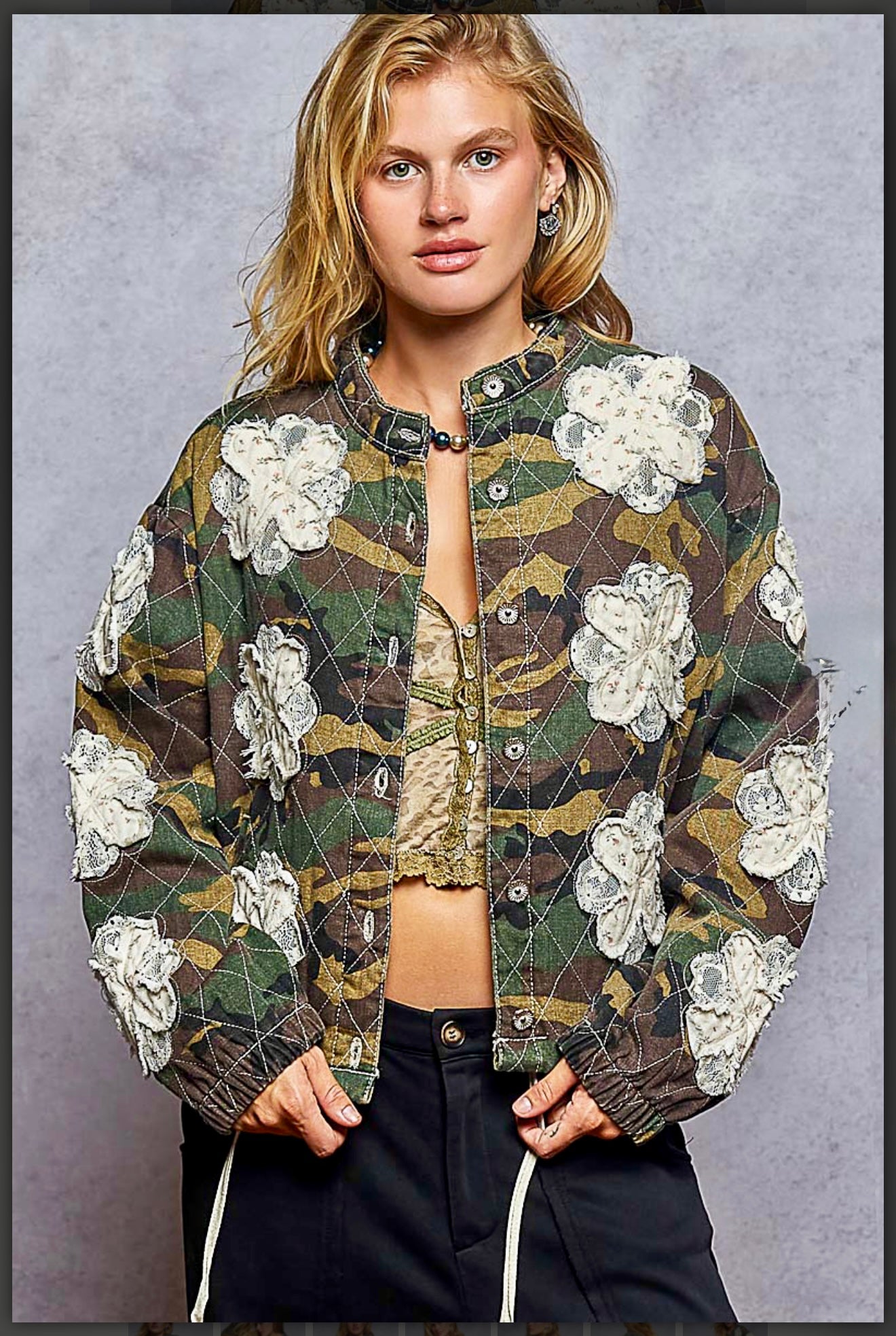 POL Olive Camouflage Jacket with Floral Appliqués