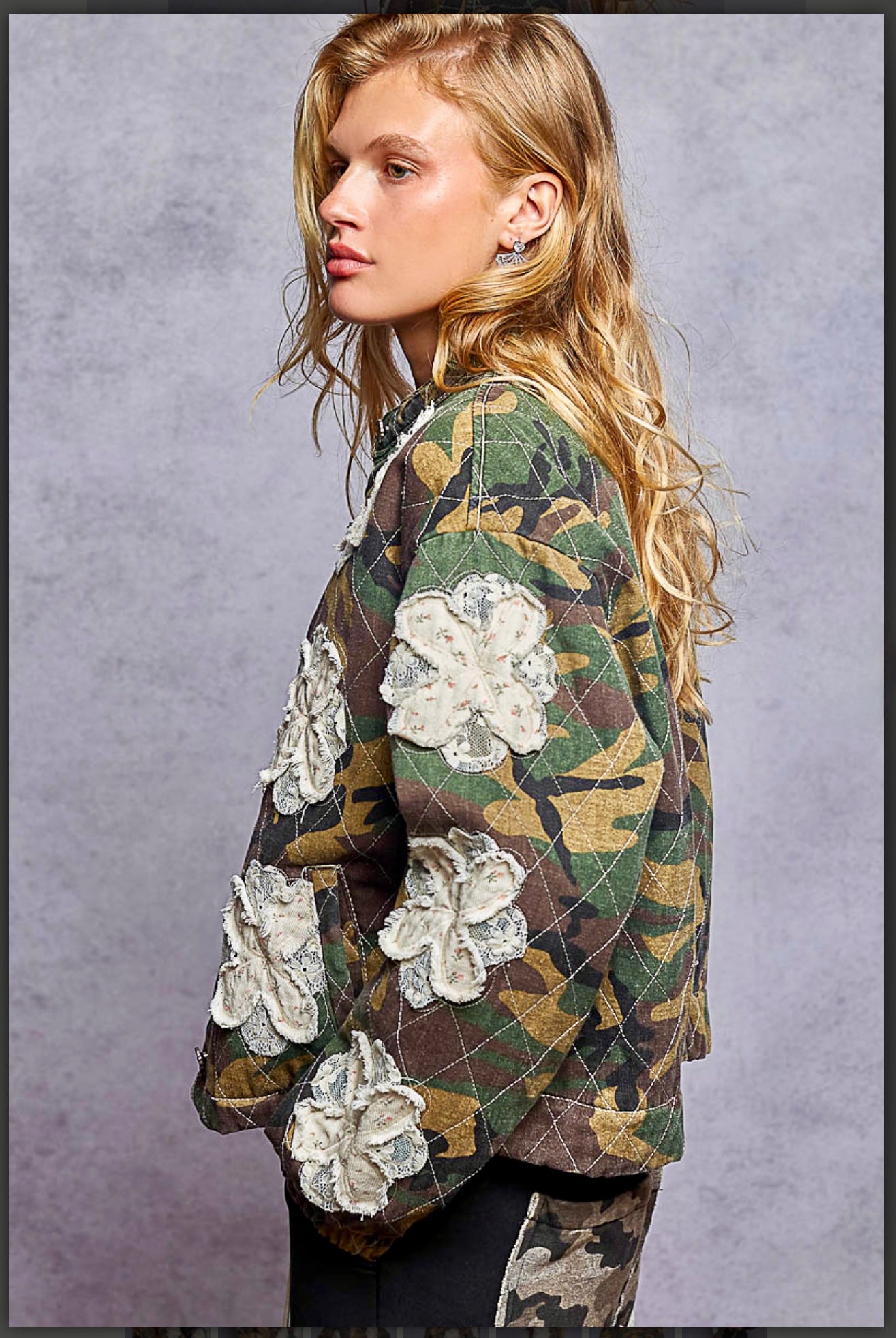 POL Olive Camouflage Jacket with Floral Appliqués