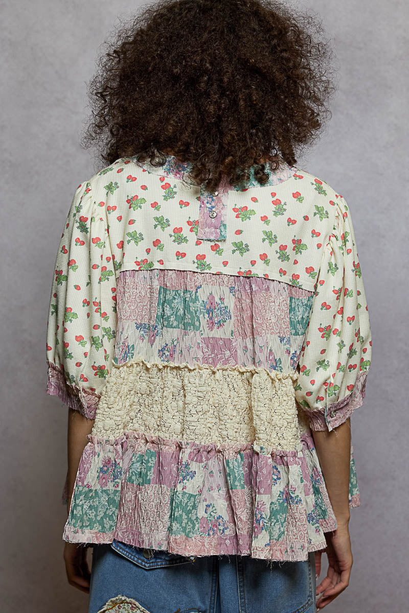 Nikki Plum Floral Pearl Ruffle Top