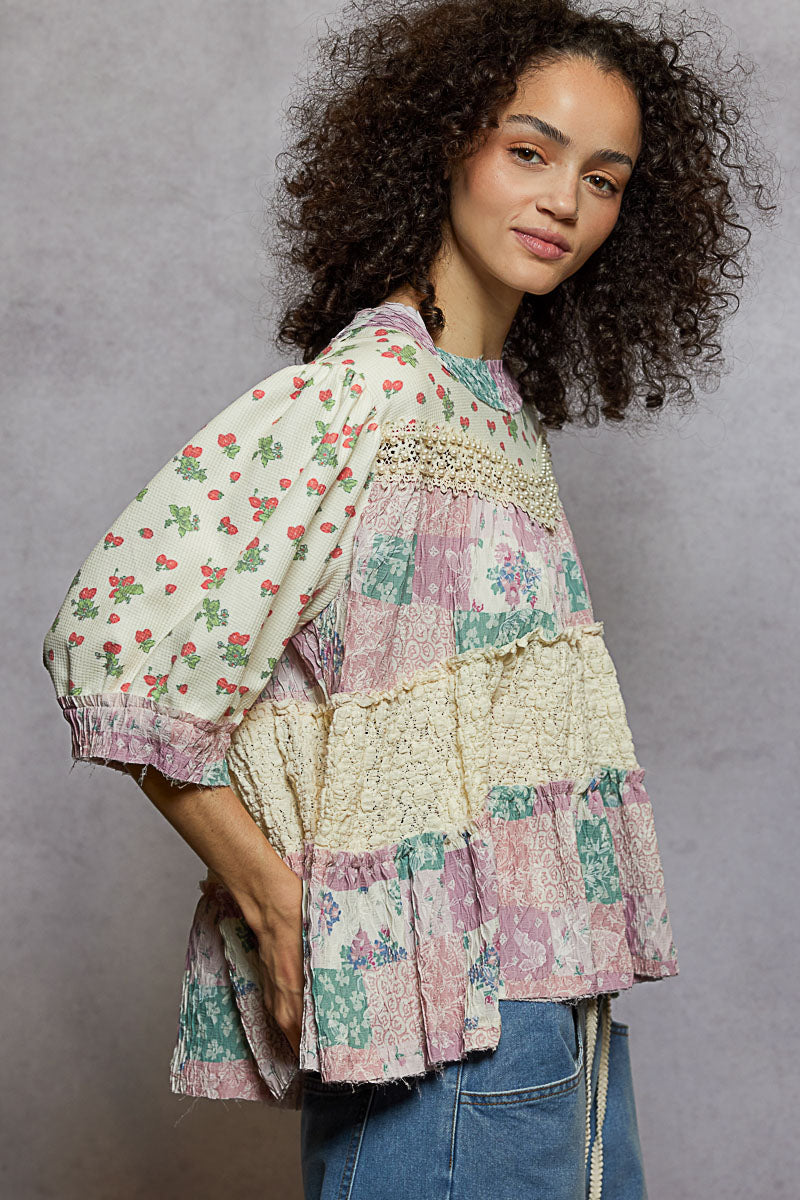 Nikki Plum Floral Pearl Ruffle Top