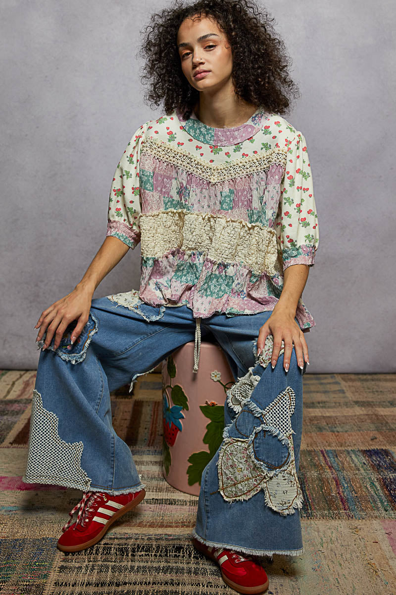 Nikki Plum Floral Pearl Ruffle Top