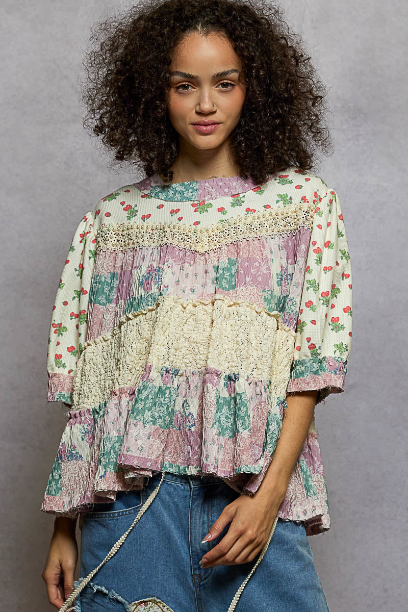 Nikki Plum Floral Pearl Ruffle Top