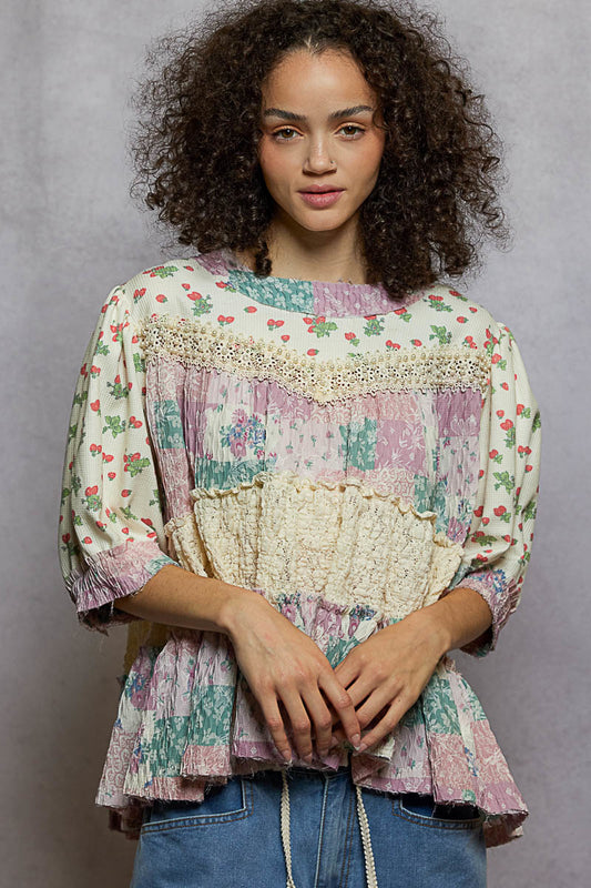 Nikki Plum Floral Pearl Ruffle Top