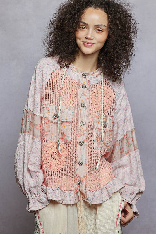Linda Peach Jacket with Lace and Floral Details