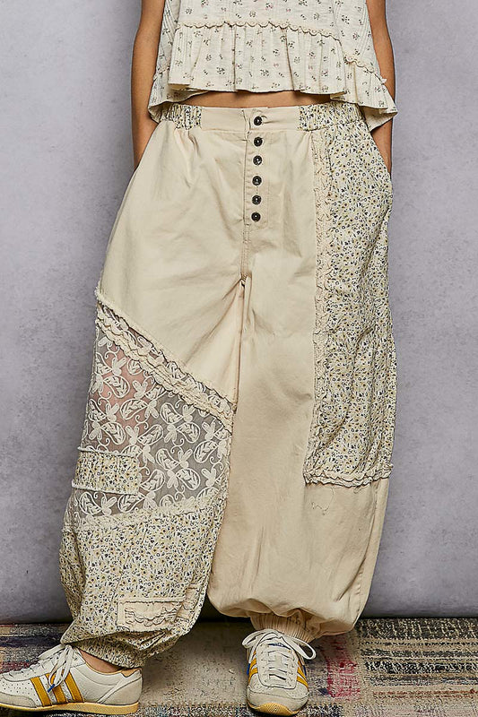 Kendra Denim, Lace and Crochet Pants in Natural