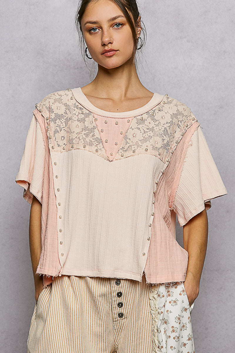 Evelyn Peach Pink top with Pearls