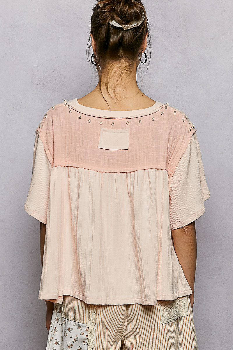 Evelyn Peach Pink top with Pearls