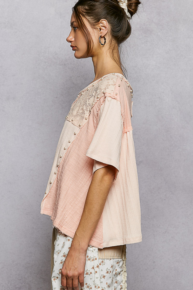 Evelyn Peach Pink top with Pearls