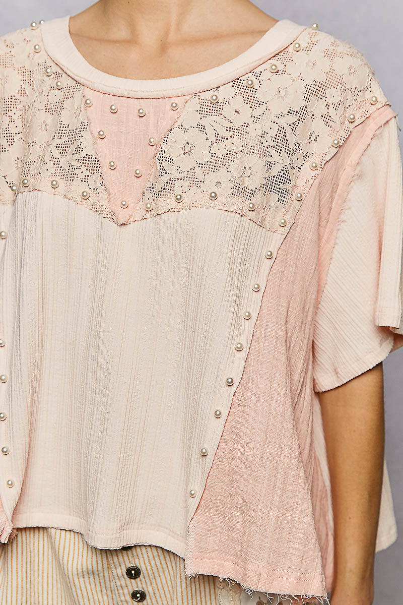Evelyn Peach Pink top with Pearls