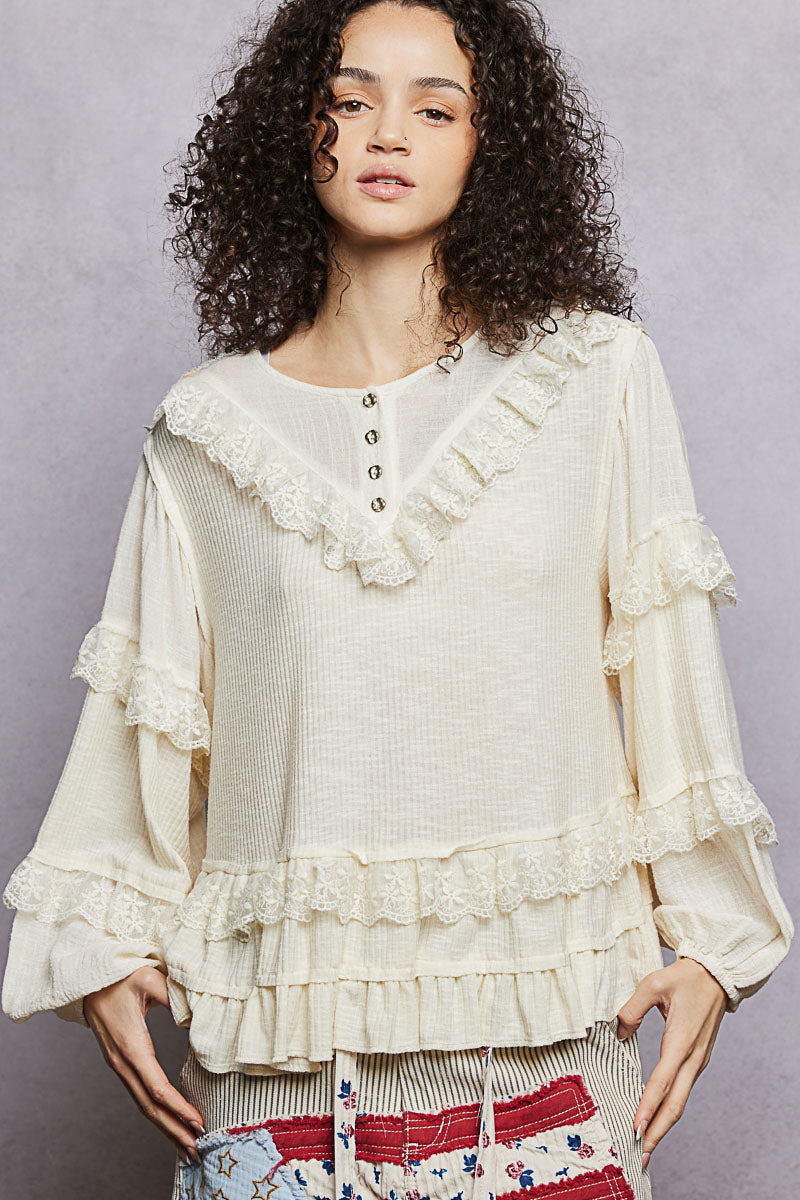 Quinn Cream Ribbed Ruffle Top-PREORDER!! Delivery approx 2 weeks!