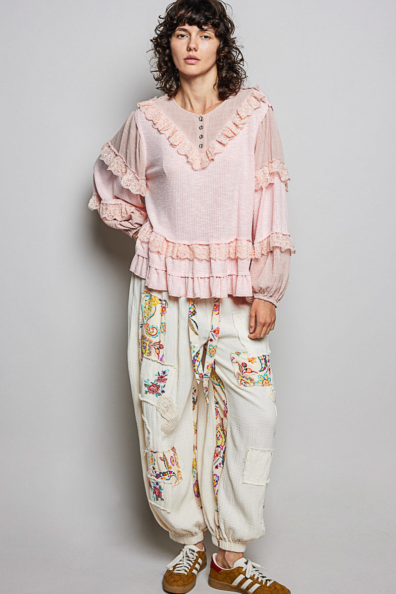 Olivia Blush Pink Ribbed Ruffle Top
