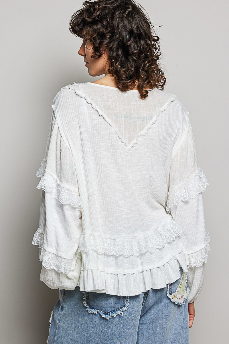 Natalie White Ribbed and Ruffle Top
