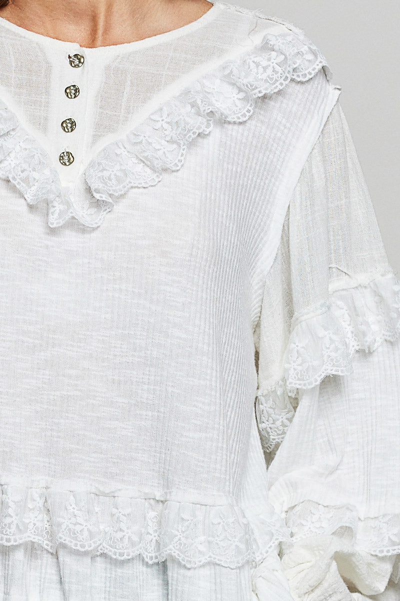 Natalie White Ribbed and Ruffle Top
