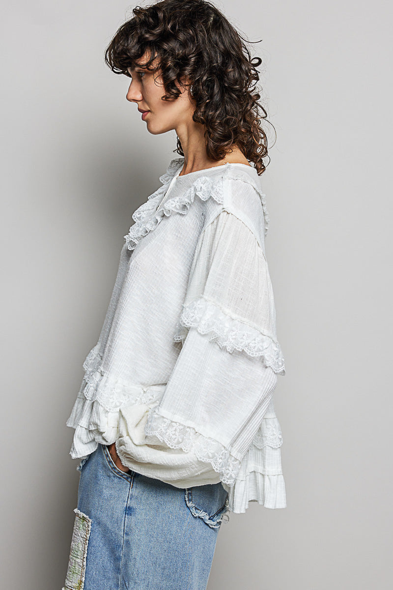 Natalie White Ribbed and Ruffle Top