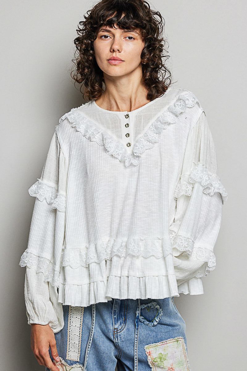 Natalie White Ribbed and Ruffle Top