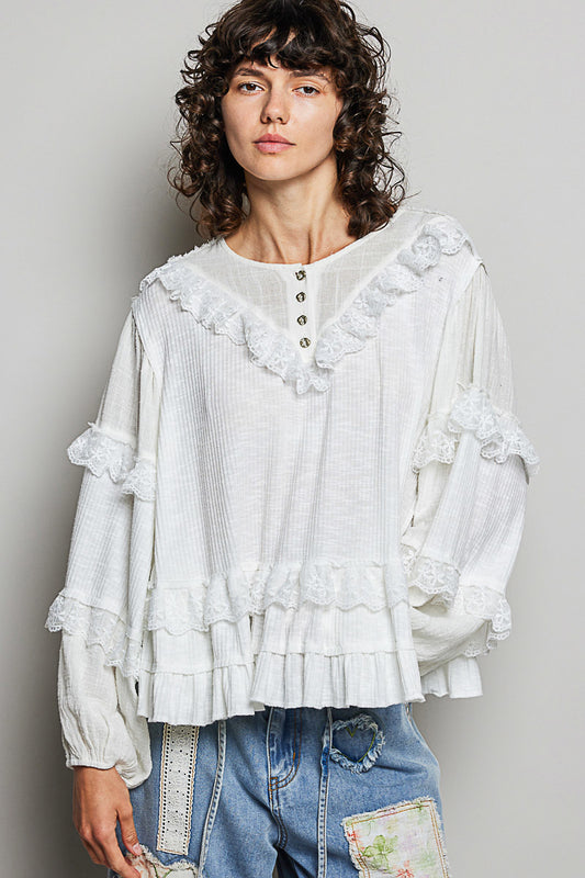 Natalie White Ribbed and Ruffle Top