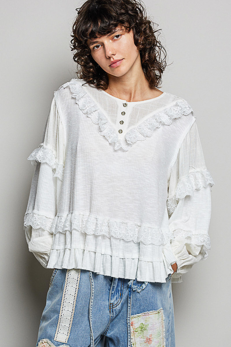 Natalie White Ribbed and Ruffle Top