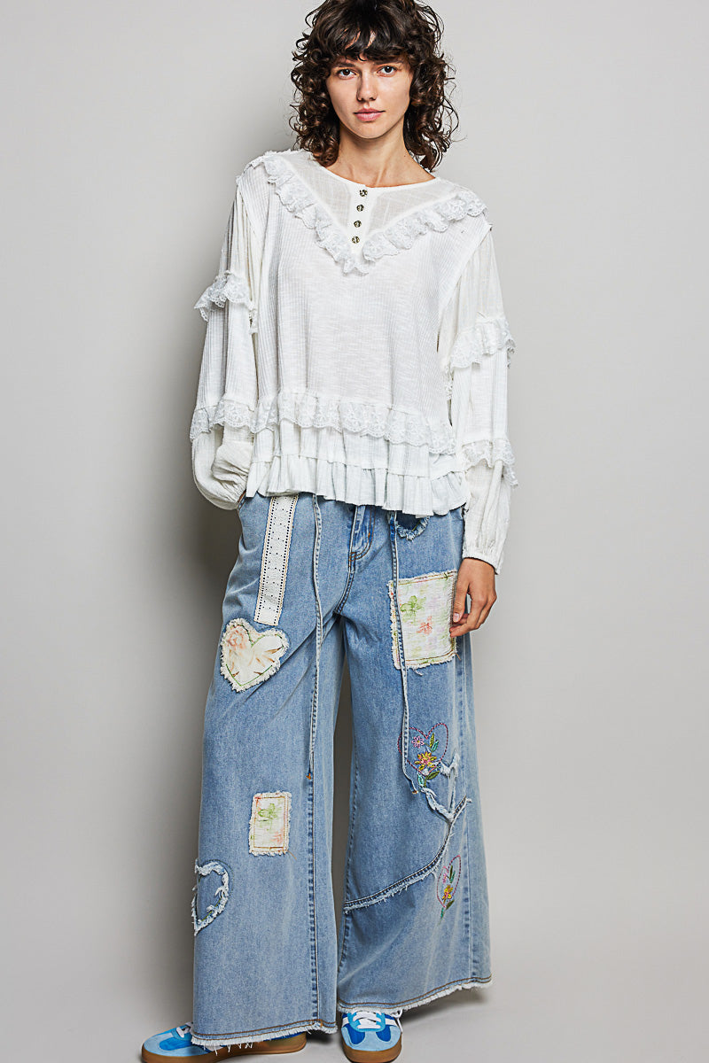 Natalie White Ribbed and Ruffle Top