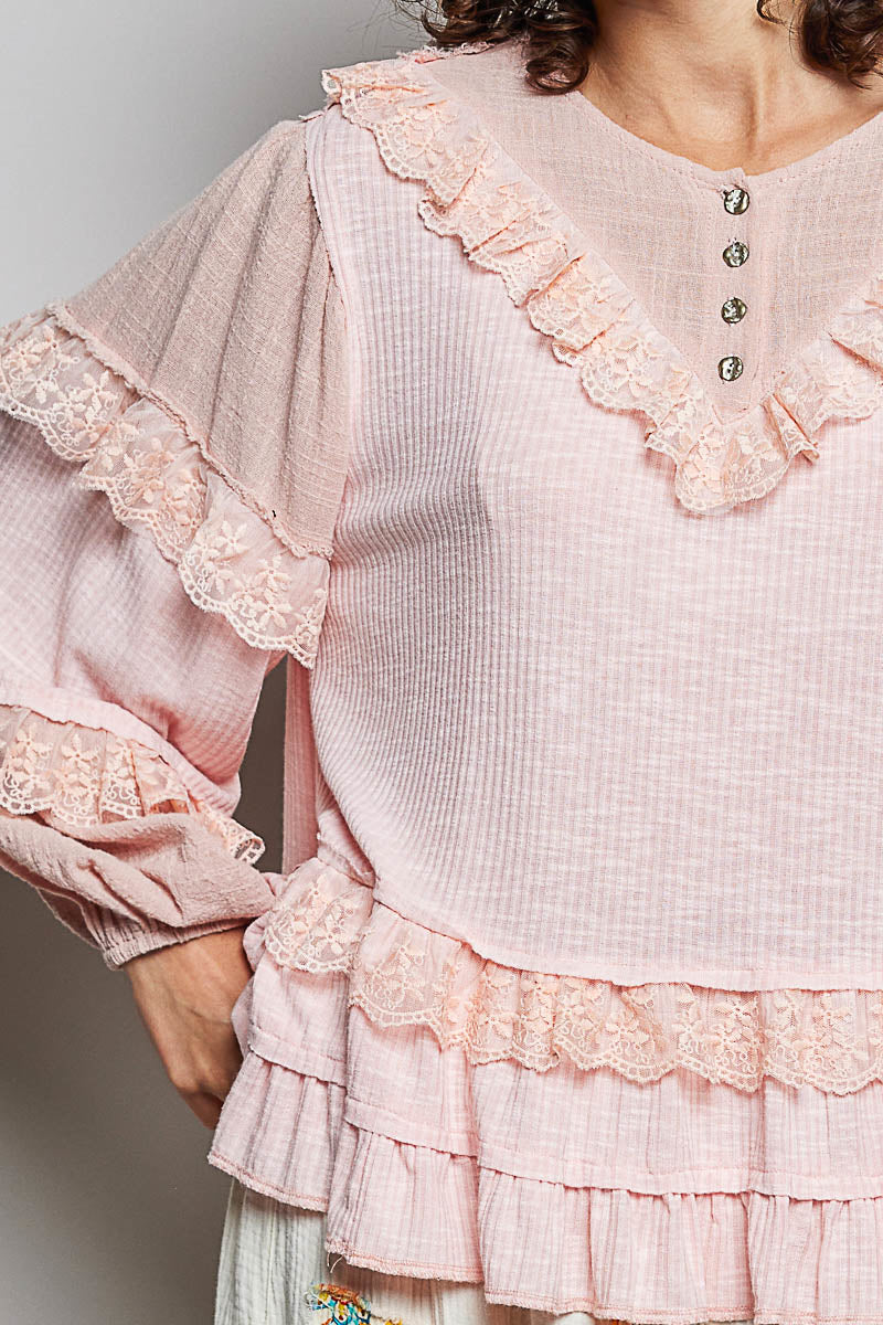 Olivia Blush Pink Ribbed Ruffle Top