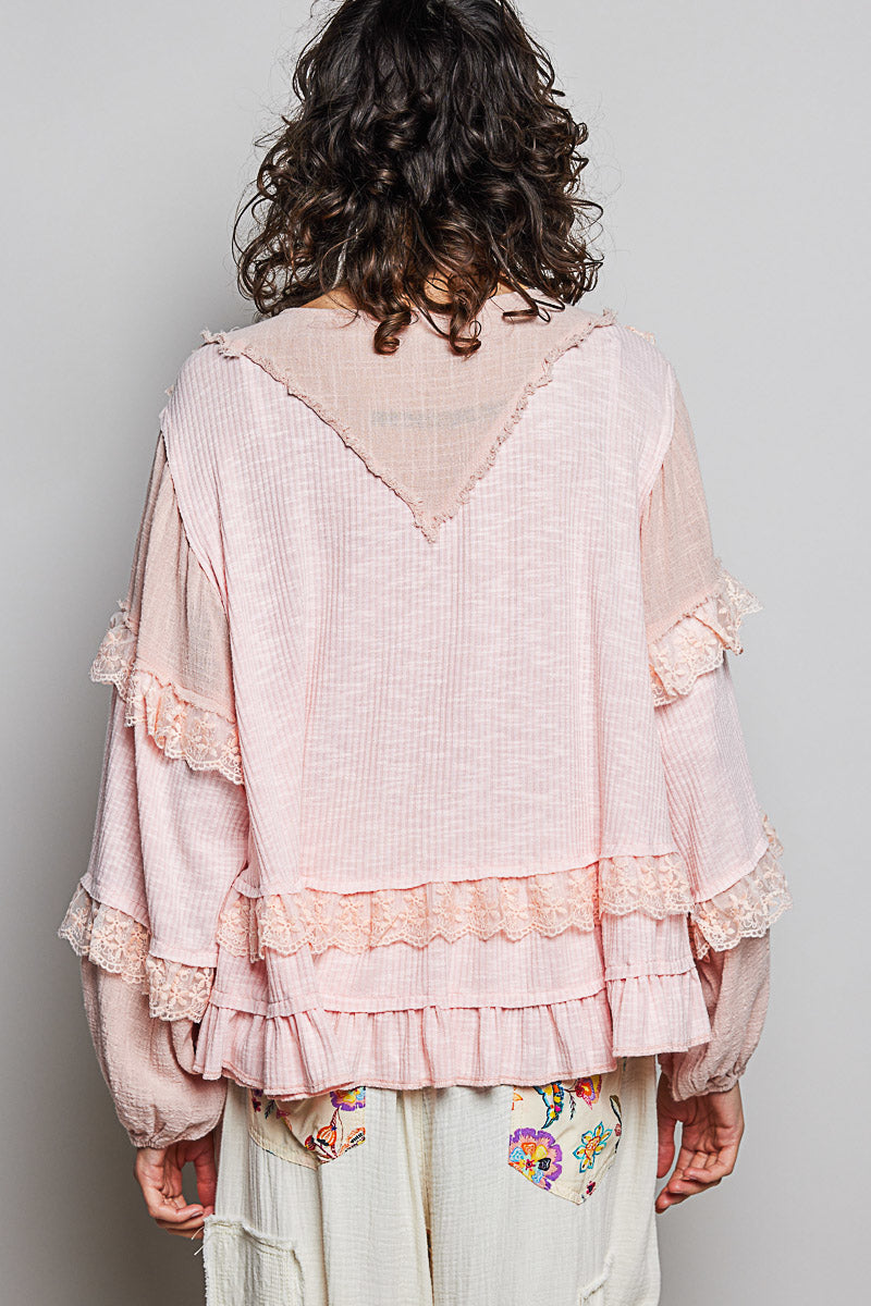 Olivia Blush Pink Ribbed Ruffle Top