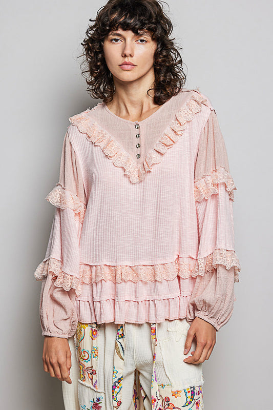 Olivia Blush Pink Ribbed Ruffle Top