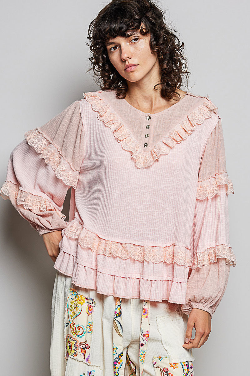 Olivia Blush Pink Ribbed Ruffle Top
