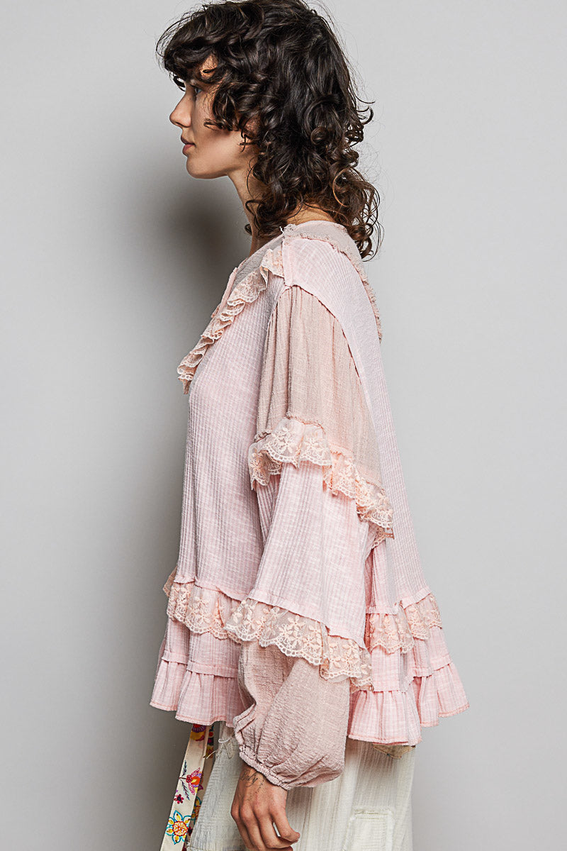 Olivia Blush Pink Ribbed Ruffle Top