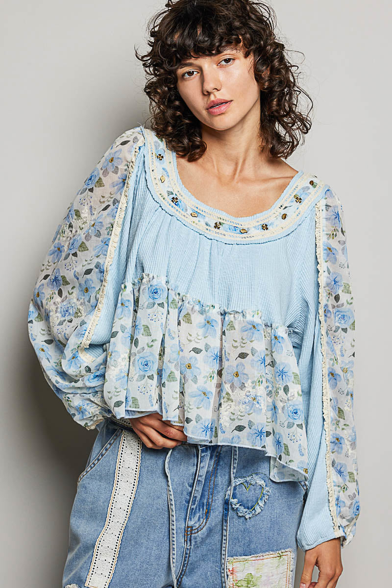 Gabrielle Blue Floral Top with Embellishments