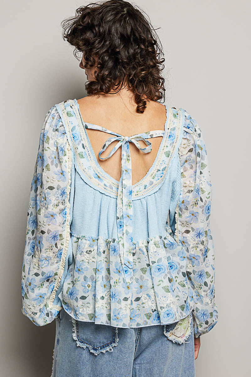 Gabrielle Blue Floral Top with Embellishments