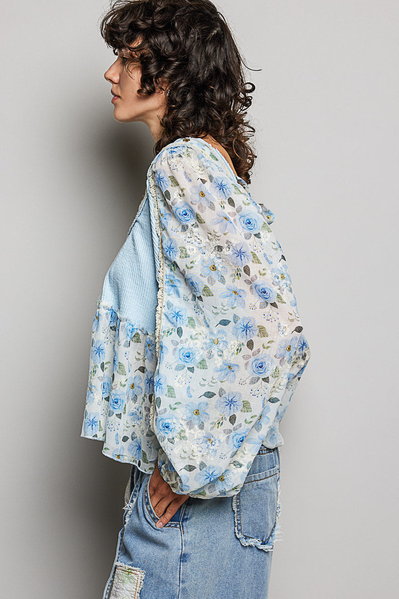 Gabrielle Blue Floral Top with Embellishments