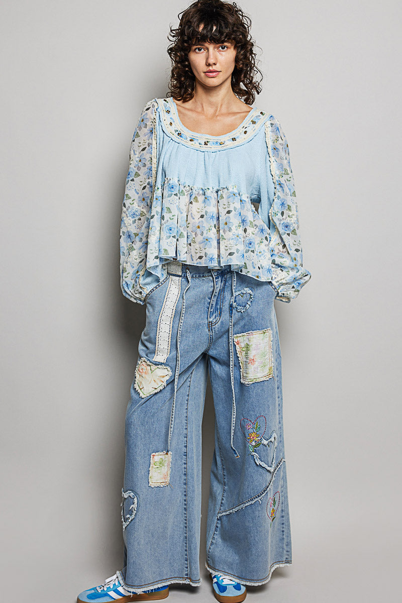 Gabrielle Blue Floral Top with Embellishments