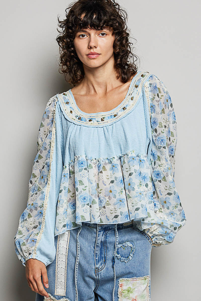Gabrielle Blue Floral Top with Embellishments