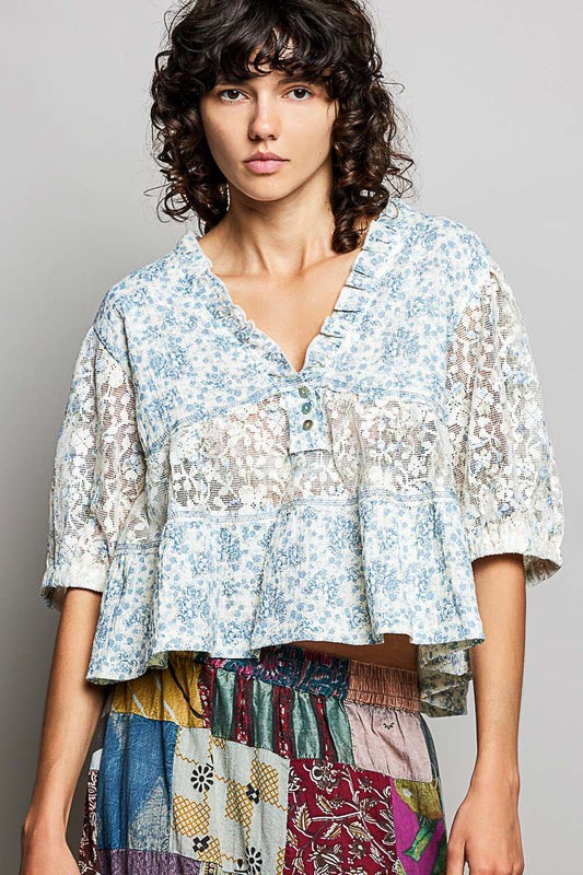 Kimberly Double Gauze Floral Lace Babydoll Top