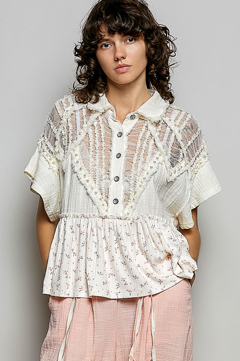 Tabby Cream Pearl and Lace Floral Top