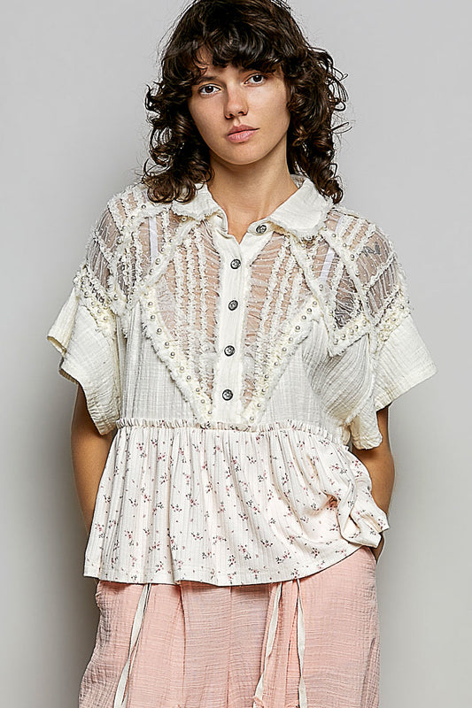 Tabby Cream Pearl and Lace Floral Top