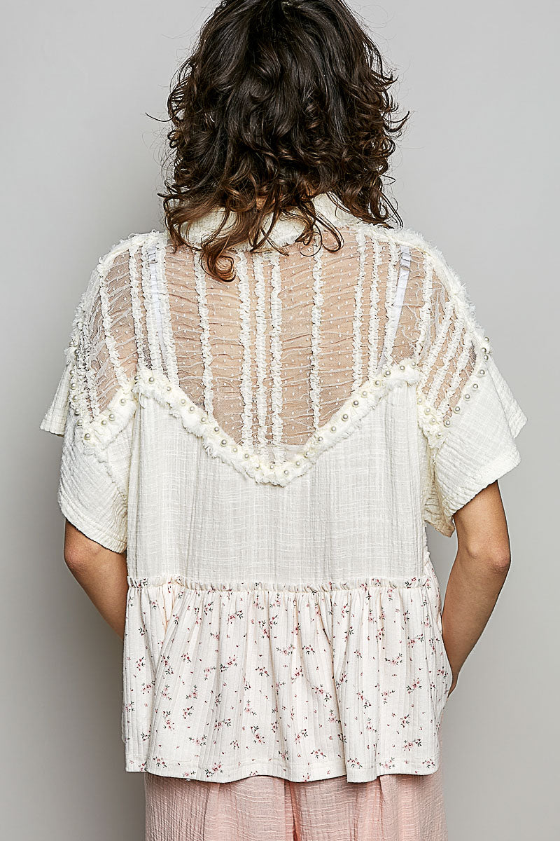 Tabby Cream Pearl and Lace Floral Top