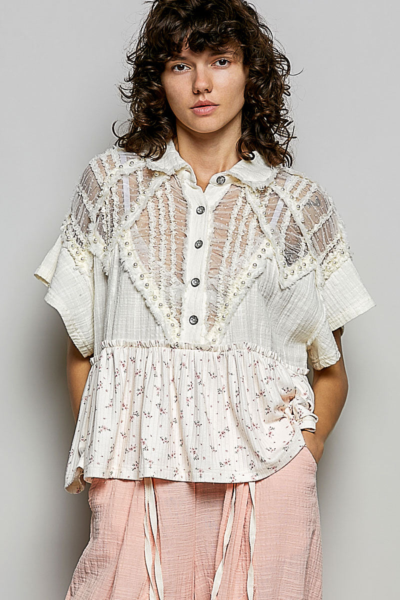 Tabby Cream Pearl and Lace Floral Top