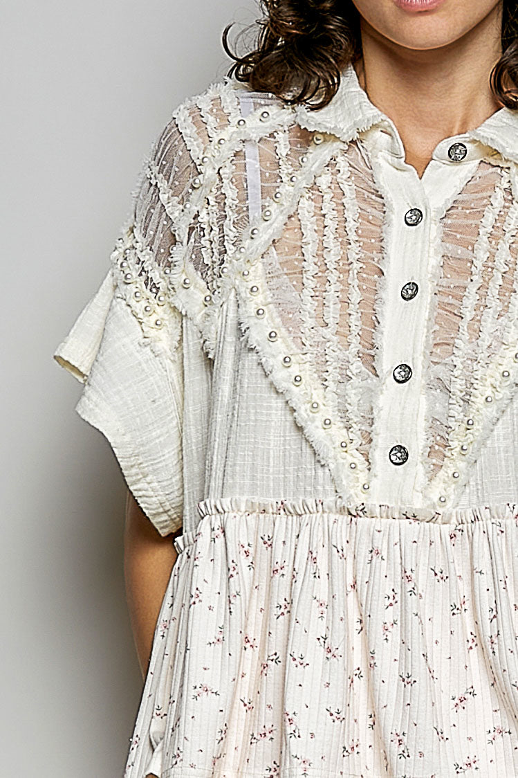 Tabby Cream Pearl and Lace Floral Top