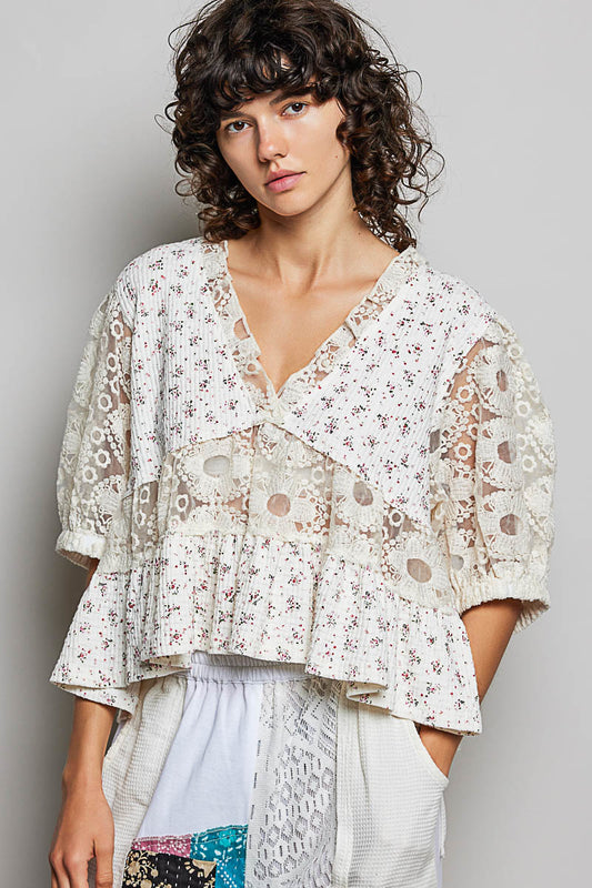 Gianna Crochet Lace Sleeve Cream Top