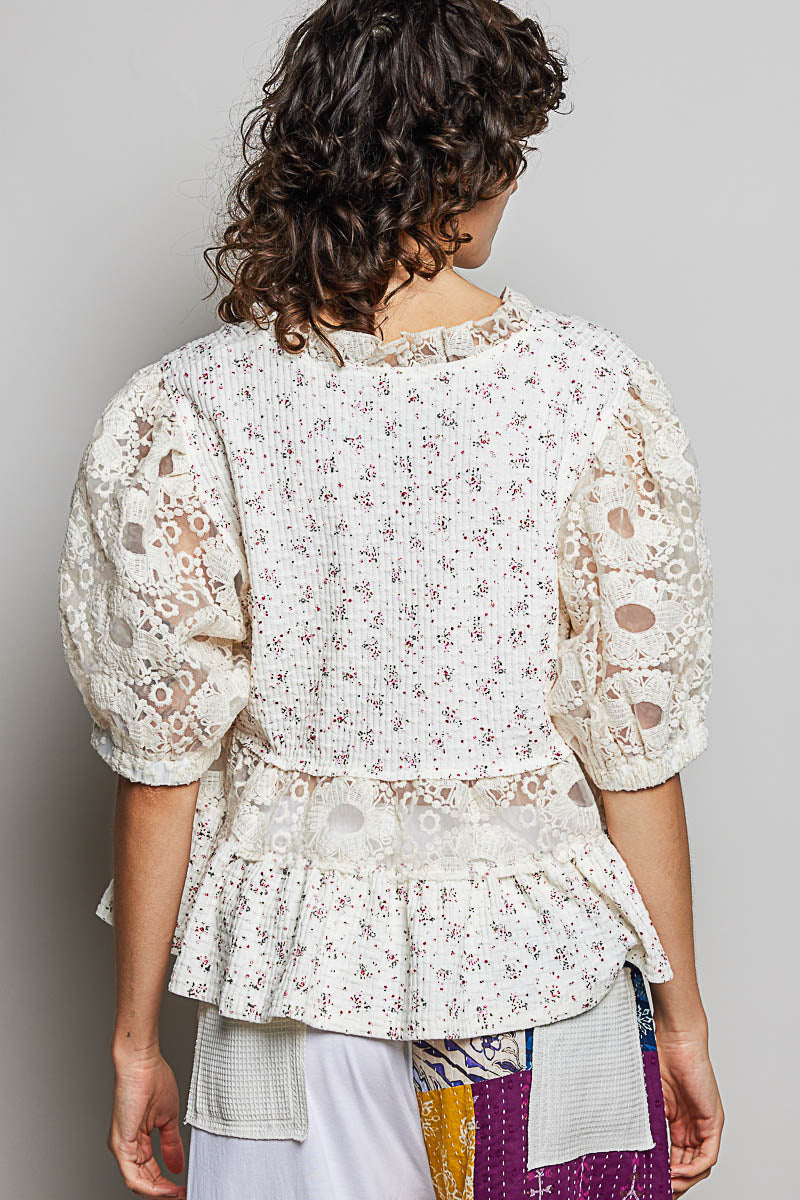 Gianna Crochet Lace Sleeve Cream Top