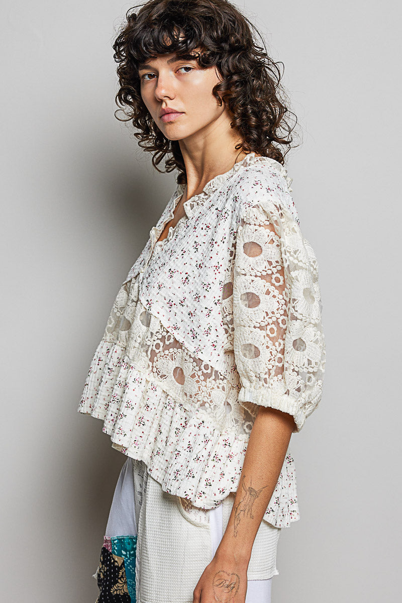 Gianna Crochet Lace Sleeve Cream Top
